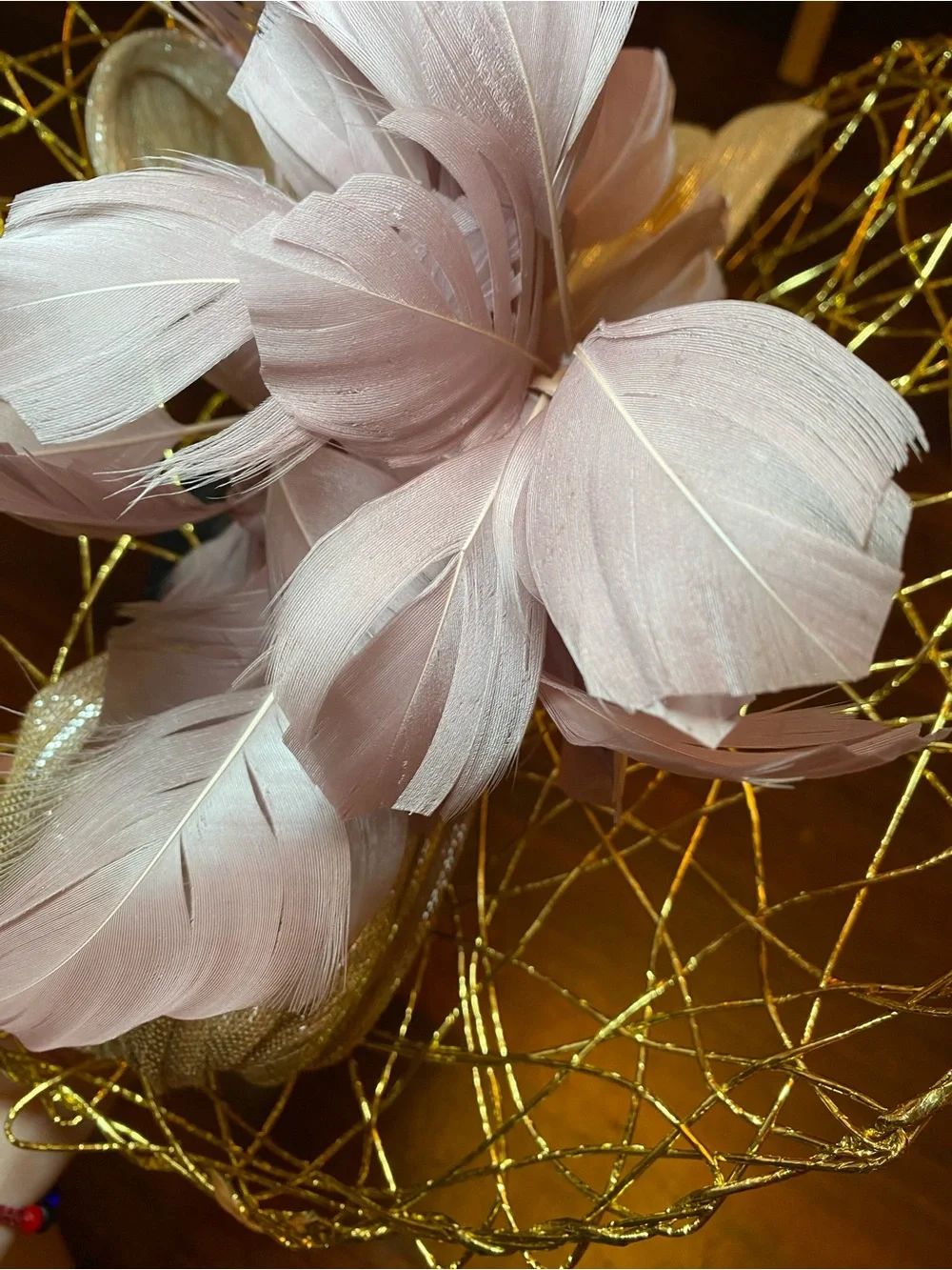 VGUC Aimee Fuller Elegant Gold and Pink Feathered Fascinator Headband
